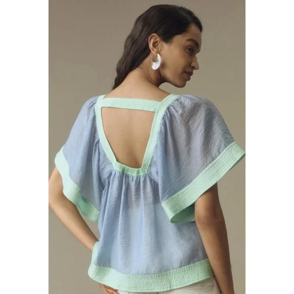 Anthropologie Women's Light Blue & Green Colorblock Babydoll Top Size M - Picture 3 of 9
